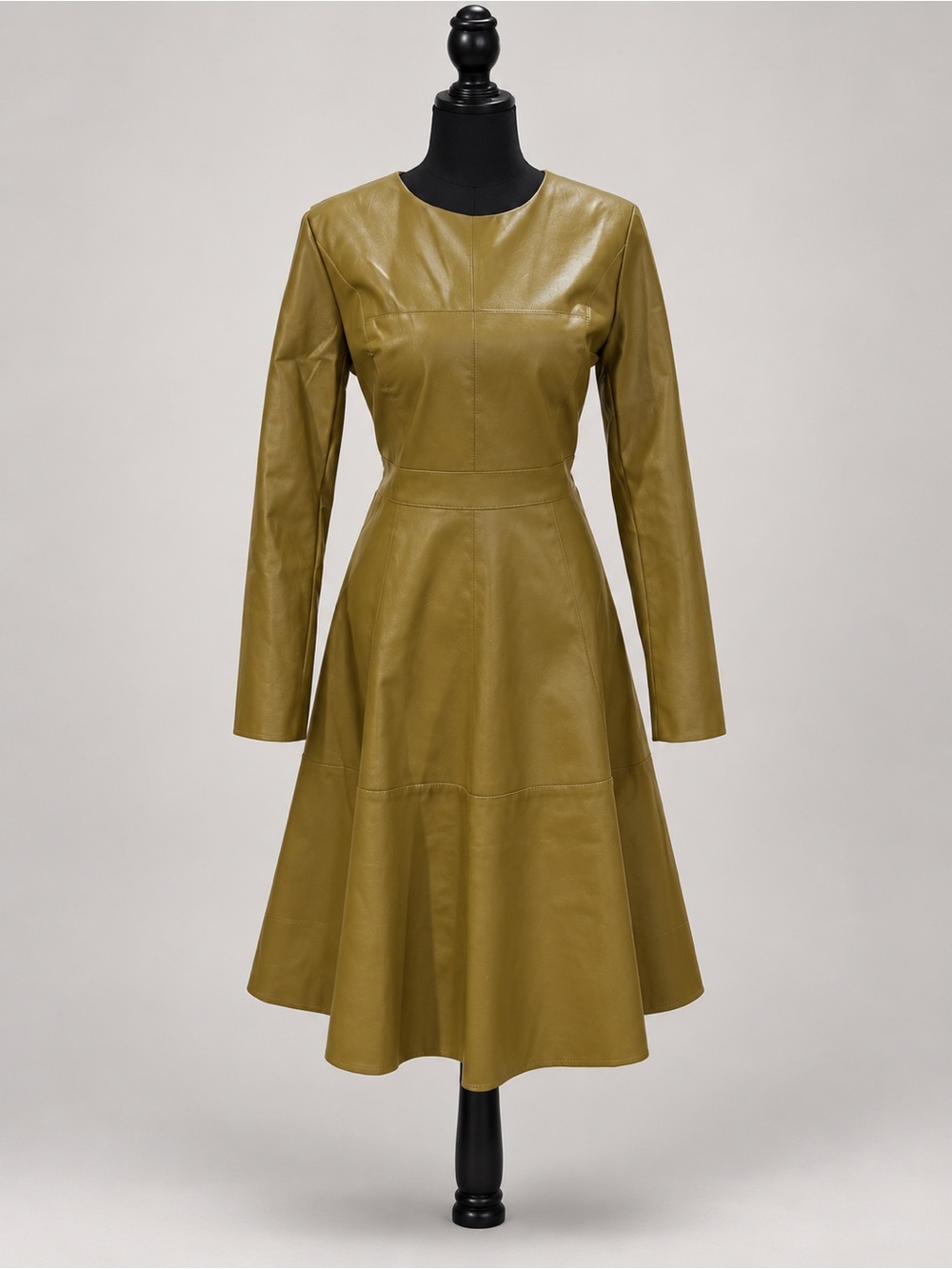 Long Sleeve Olive Green Faux Leather Fit & Flare Dress